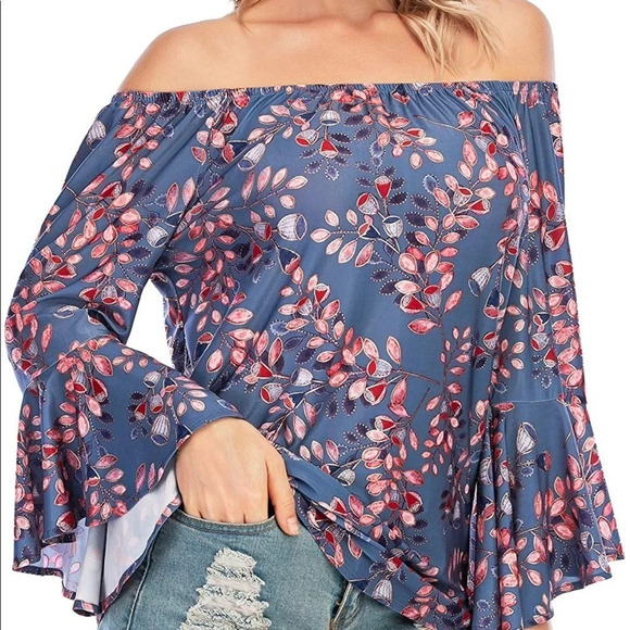 OFF Shoulder Boho Floral Print Flare Sleeves, M - Picture 3 of 16